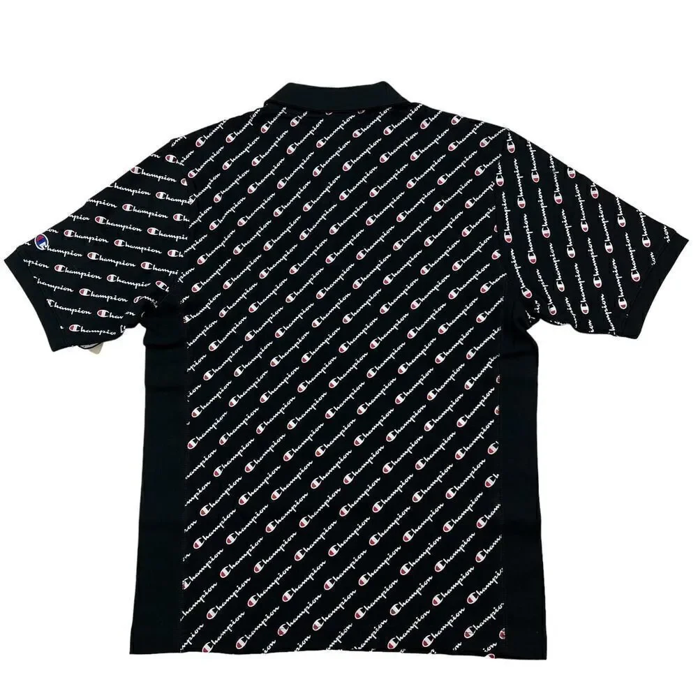 New Champion Men US S Small Black Polo Short Sleeve Logo Pattern 3-Button Jersey - Picture 2 of 10